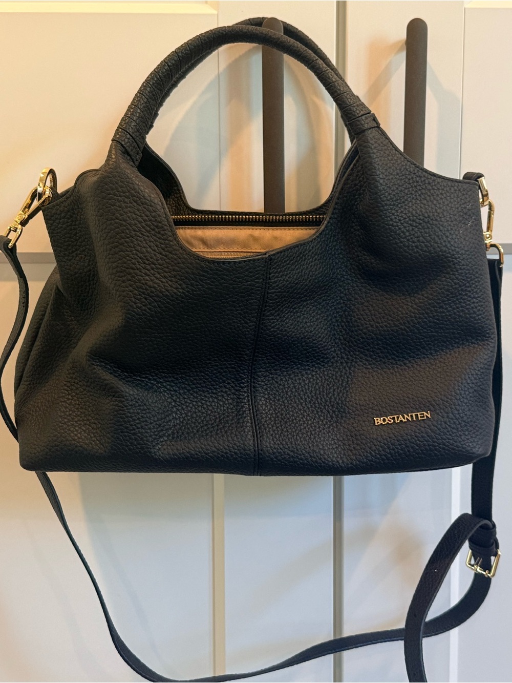Bostanten Black Pebbled Leather Tote Bag with Shoulder Strap